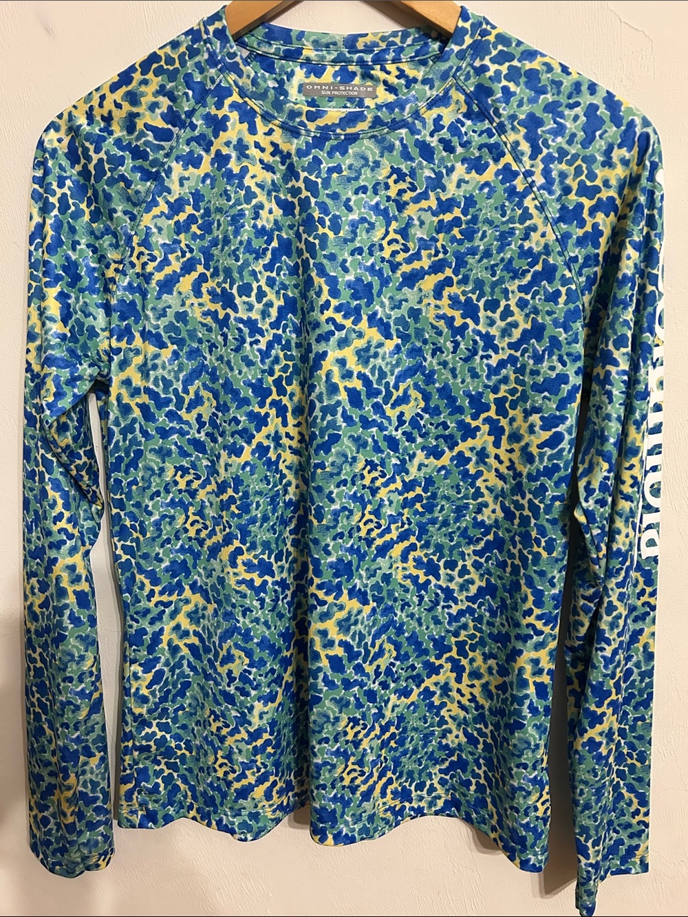 Columbia PFG Blue Green Yellow Camo Long Sleeve Sun Tee M